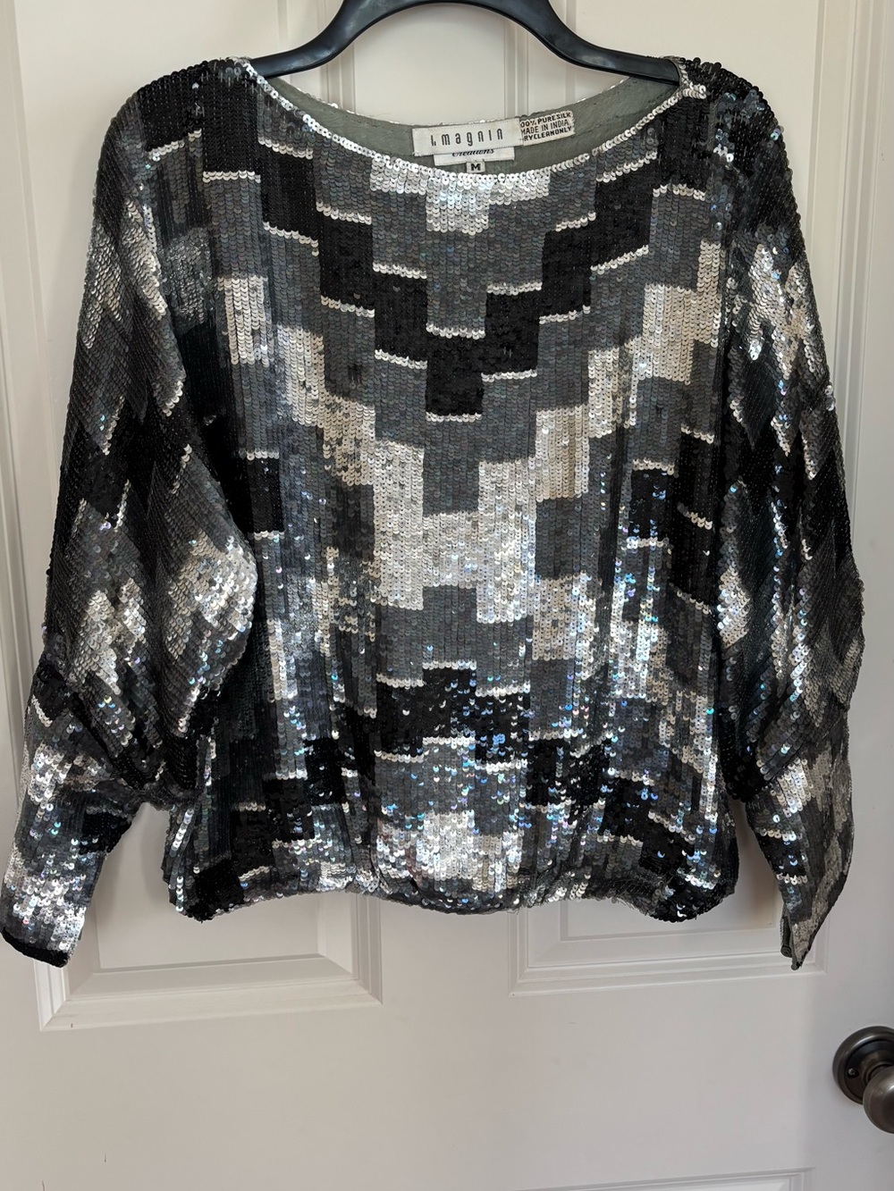 Vintage I Magnin 100% Silk Sequin Top Black Silver Geometric M